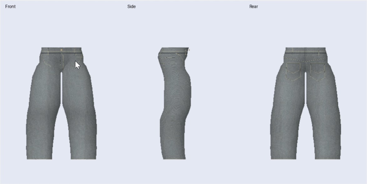 Internal jeans model review with front, side and rear views